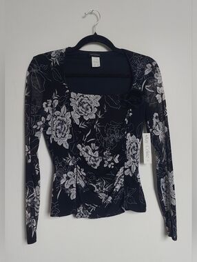 Kay Celine Sheer Black and White Floral Long-Sleeve Square Neck Top With Flower
